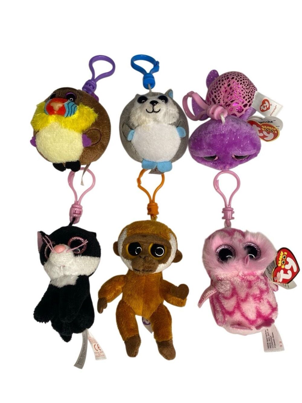 TY Beanie Boos Lot of 6 Mini Plush Stuffed Animal Backpack Clips Keychains Toys